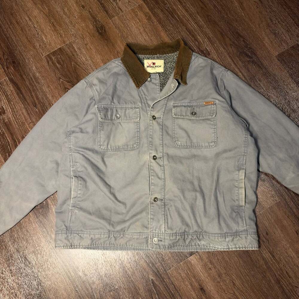 Woolrich Canvas Work Jacket Size XXL Grey Sherpa Lined Corduroy Collar